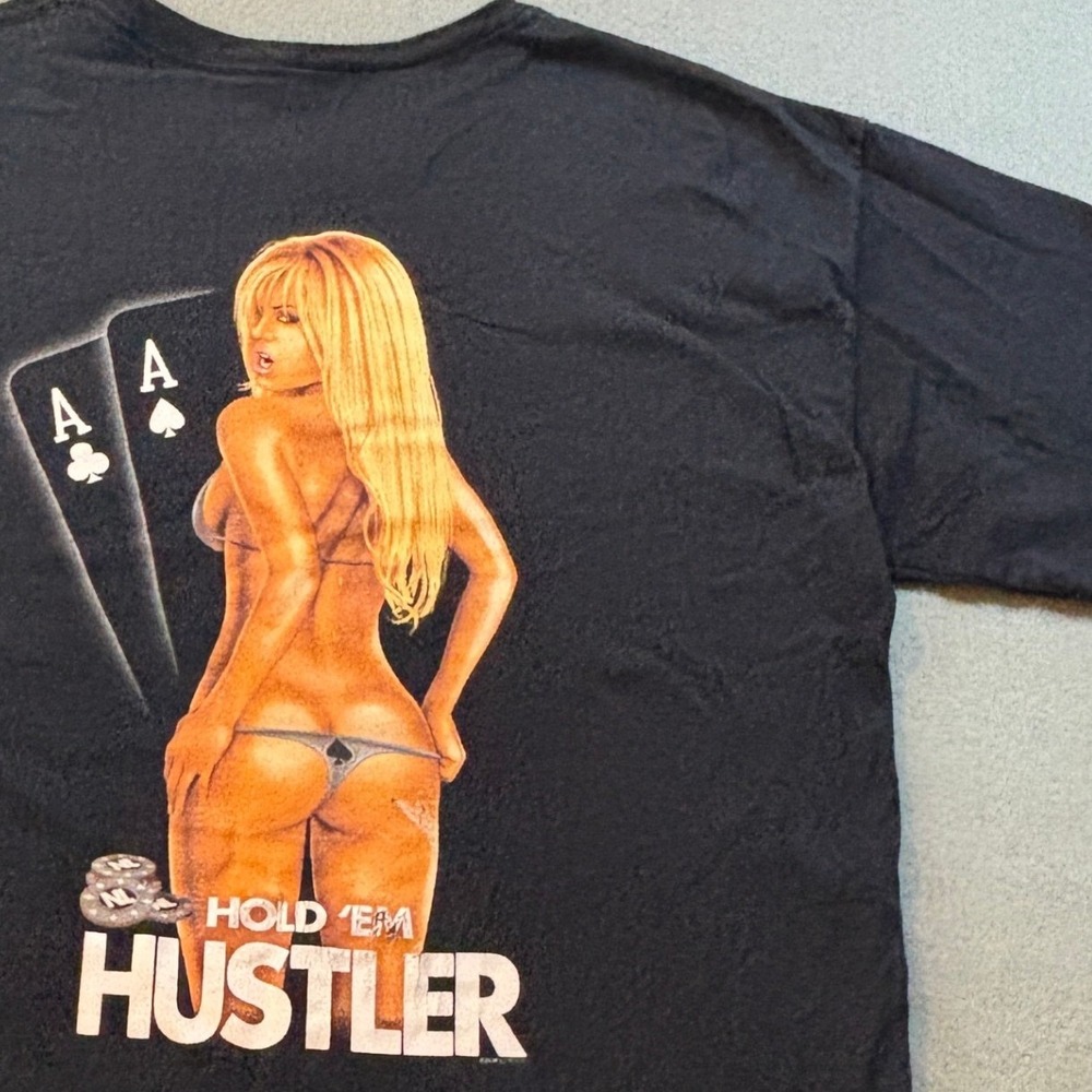 VTG Hustler Hold 'Em Graphic T-Shirt Mens L Black Poker Casino Sexy Y2K 00s